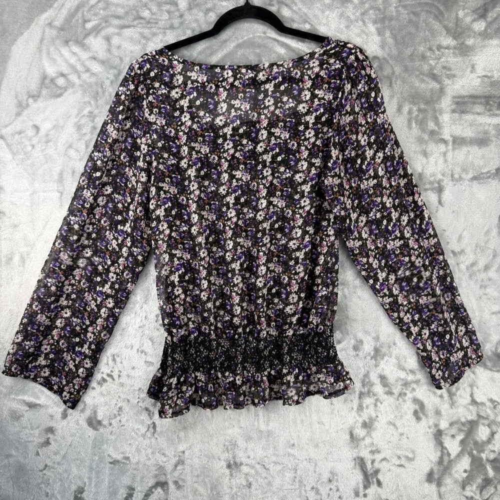 American Rag Floral Smocked Blouse Purple White Chiffon Square Neck BOHO Large - Picture 2 of 14